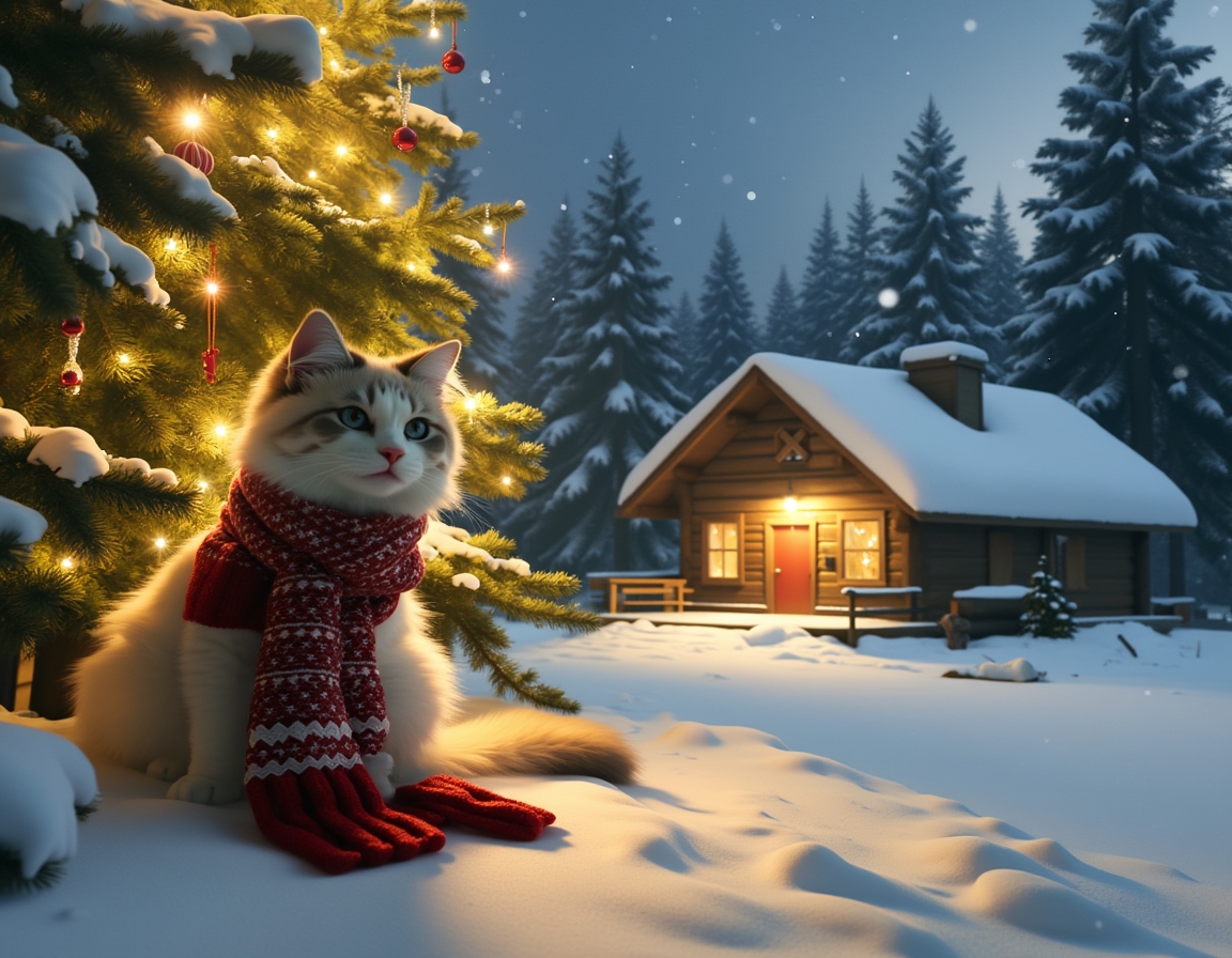 Cat sits beside a glowing Christmas tree, wearing a festive scarf and Santa hat. Snow falls gently, with a cozy cabin and snow-covered trees in the background.